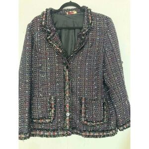VINTAGE Beverlys Womens Tweed Blazer Jacket Colorful Textured Fringe Buttons 2X